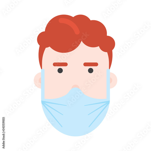 Person wearing breathing mask. Healthcare protection. Human character design. Man. Red hair. Vector. Sickness prevention. Campaign. Advice on protective respiratory mask. Covid-19. Avoid virus.