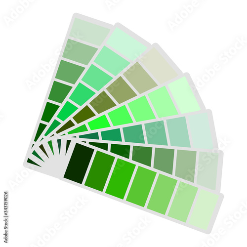 A green palette of various shades spread out in a fan. A set of saturated colors in green. Vector graphics. Stock Photo.