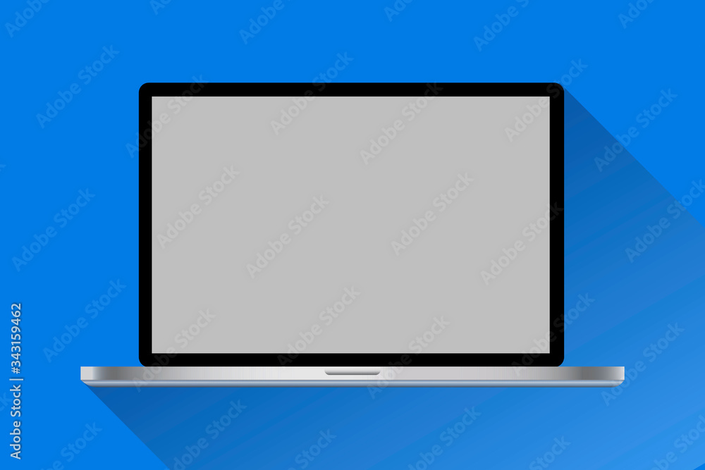 Realistic laptop of a leading company on a blue background with a gray screen. Ultra thin gray laptop in mockup style. Vector graphics. Stock Photo. Realistic laptop of a leading company on a blue background with a gray screen. Ultra thin gray laptop in mockup style. Vector graphics. Stock Photo.