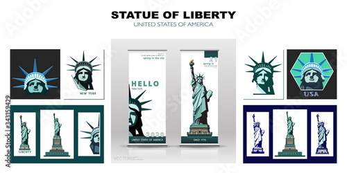 Statue of Liberty design template set. Banner, geometric multicolored flat design. New York. Booklet, album poster. Name of the Annual Report Ad Text. X-banner. Information banner, vector illustration