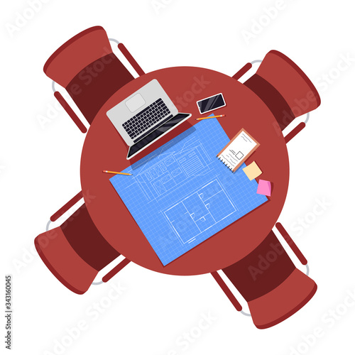 Architect team desk semi flat RGB color vector illustration
