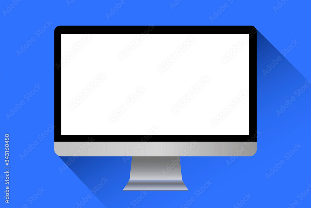 The newest monitor model on a blue background. Gray monitor with a black frame. The monitor of a leading company with a white screen, without a screensaver and image. Vector graphics. Stock Photo. The newest monitor model on a blue background. Gray monitor with a black frame. The monitor of a leading company with a white screen, without a screensaver and image. Vector graphics. Stock Photo.