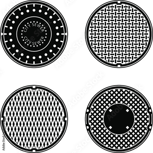 A set of vector sewer covers isolated on a white background. Can represent sewage, maintenance, city services, sanitation, a manhole cover, a drain, a restroom, and sewers.
 photo