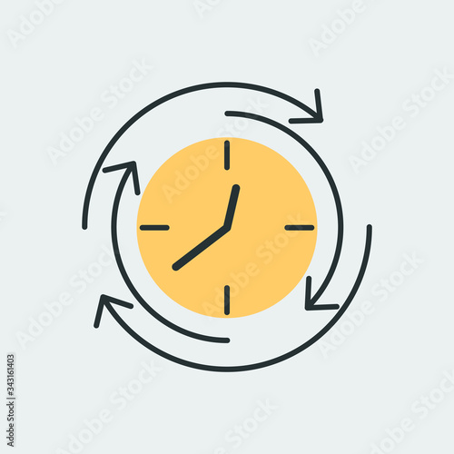 Vector icon of round clock with arrows pointing in different directions. It represents a concept of time management, timer, countdown, schedule. Also can be used as a logo, icon or badge