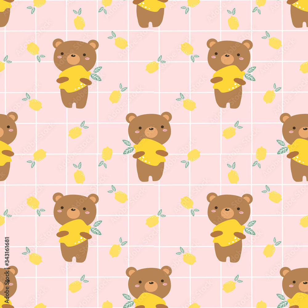 Cute bear and lemon seamless pattern.