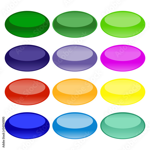 Buttons of different, saturated colors in the form of an oval with a mirror effect on a white background. Unique design of oval buttons with a mirror effect. Vector graphics. Stock Photo.