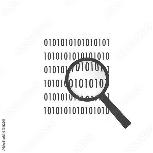 Vector binary code and magnifier icon on white isolated background.