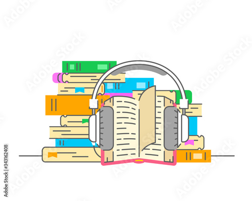 Audiobook concept. Flat thin line vector illustration. Stack of books with open book and headphones on it. Electronic book metaphor. Online library for listening of ebooks