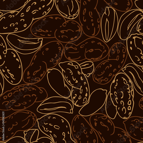 seamless pattern of a set of peanuts & kernels, for menu design or confectionery, textiles, vector illustration with colored contour lines on a chocolate background in doodle & hand drawn style