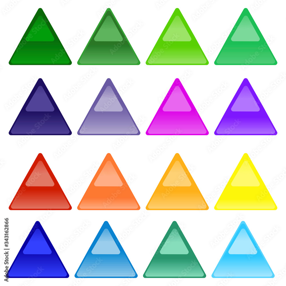 Buttons of different, saturated colors in the shape of a triangle with a mirror effect. Multi-colored triangular buttons on a white background. Vector graphics. Stock Photo. Buttons of different, saturated colors in the shape of a triangle with a mirror effect. Multi-colored triangular buttons on a white background. Vector graphics. Stock Photo.