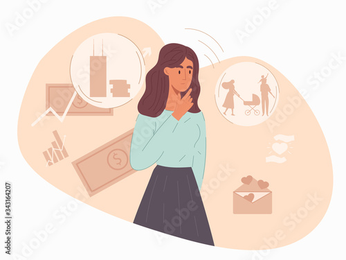 Young woman pondering her choice of finances or investments for raising a young family surrounded by dollar notes and charts, vector illustration