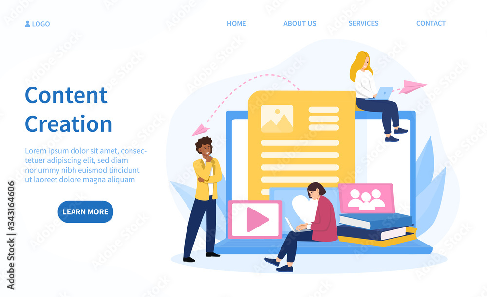 Website Content Creation concept for SEO showing a business team developing and inputting information online, colored vector illustration Website Content Creation concept for SEO showing a business team developing and inputting information online, colored vector illustration