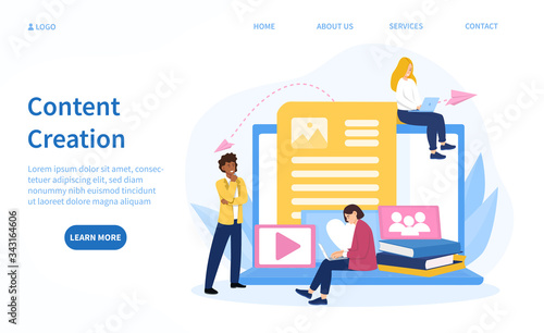 Website Content Creation concept for SEO showing a business team developing and inputting information online, colored vector illustration