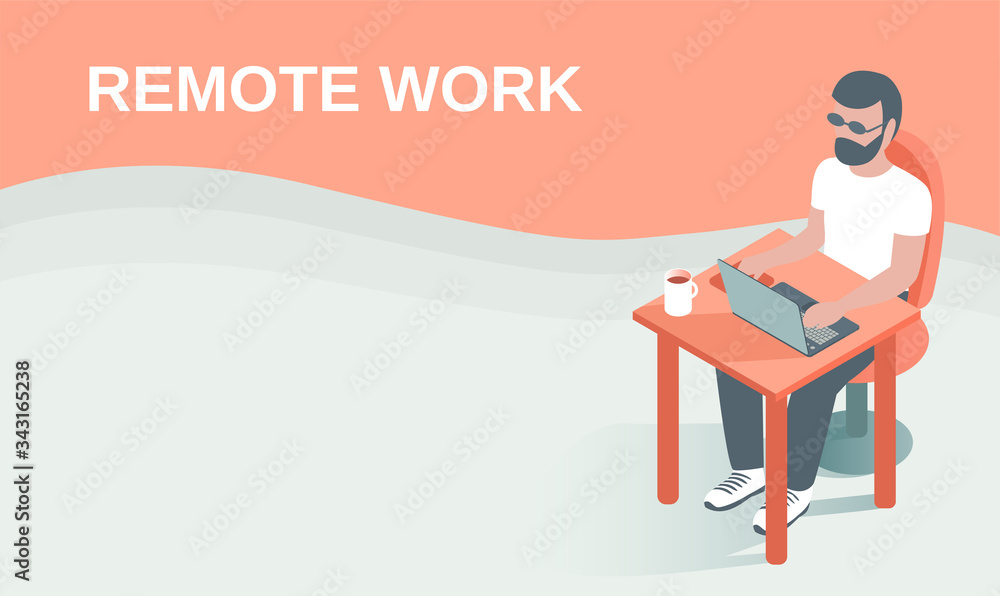 A young man is working remotely with a laptop. Sits at a table with a cup of coffee. Place for text. Vector isometric illustration. A young man is working remotely with a laptop. Sits at a table with a cup of coffee. Place for text. Vector isometric illustration.