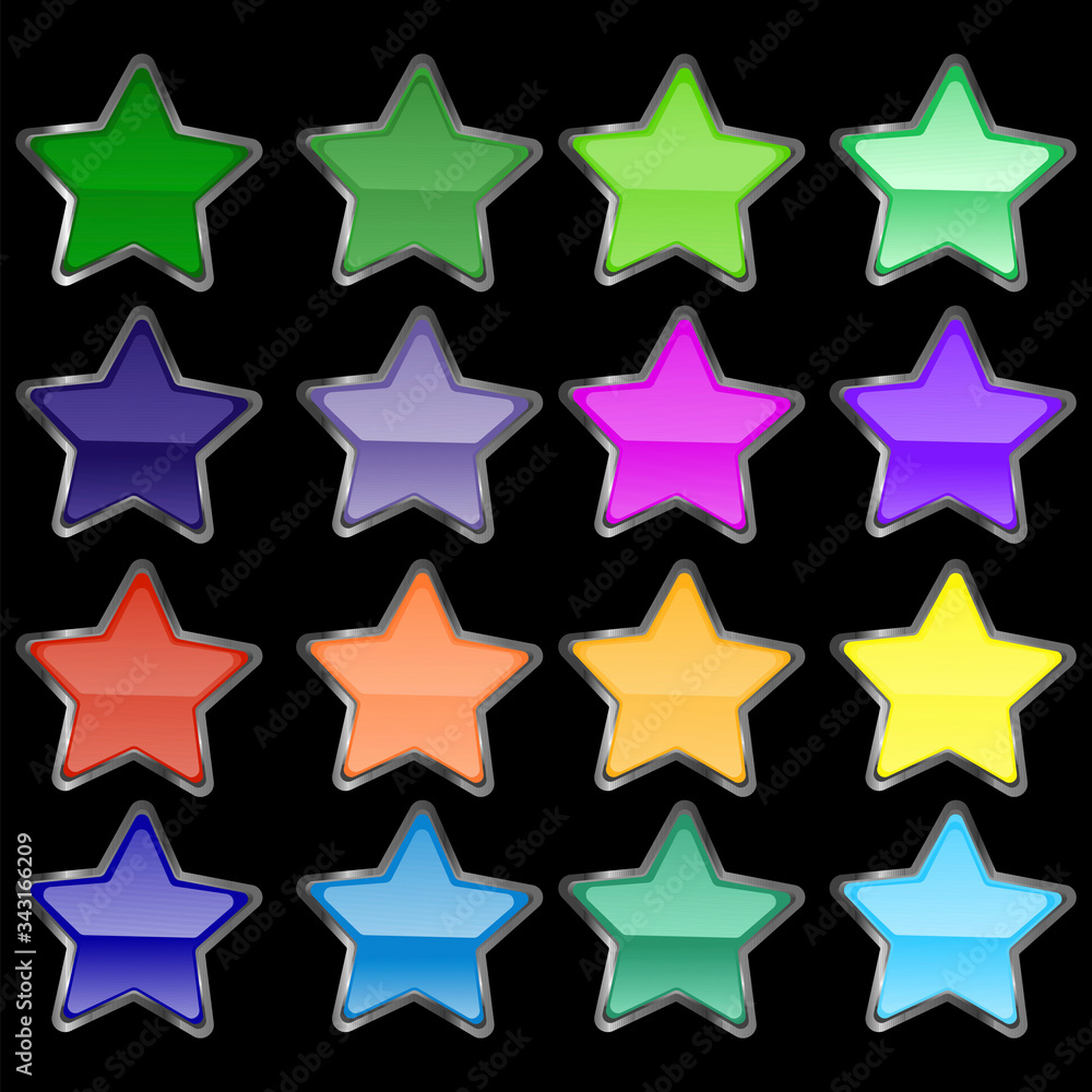 Buttons in the form of stars of different bright, saturated colors with a gray stroke. Buttons in the form of stars on a black background with a mirror effect. Vector graphics. Stock Photo. Buttons in the form of stars of different bright, saturated colors with a gray stroke. Buttons in the form of stars on a black background with a mirror effect. Vector graphics. Stock Photo.