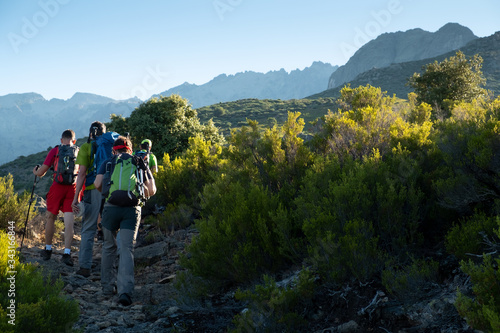 Grupo de montañeros en el Parque Regional de la Sierra de Gredos, realizando la ruta desde Puente Pinillo al pico del Almanzor. photo