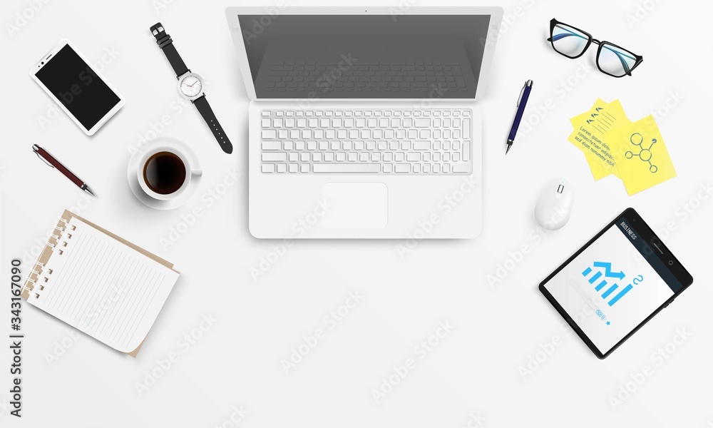 Work desk accessories top view on grey background. Vector illustration. Work desk accessories top view on grey background. Vector illustration.