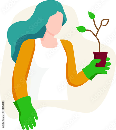 Woman with flowerpot with green plant, vector illustration