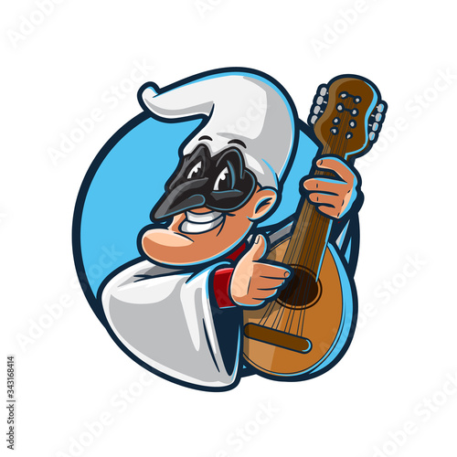 theatrical mask plays the mandolin