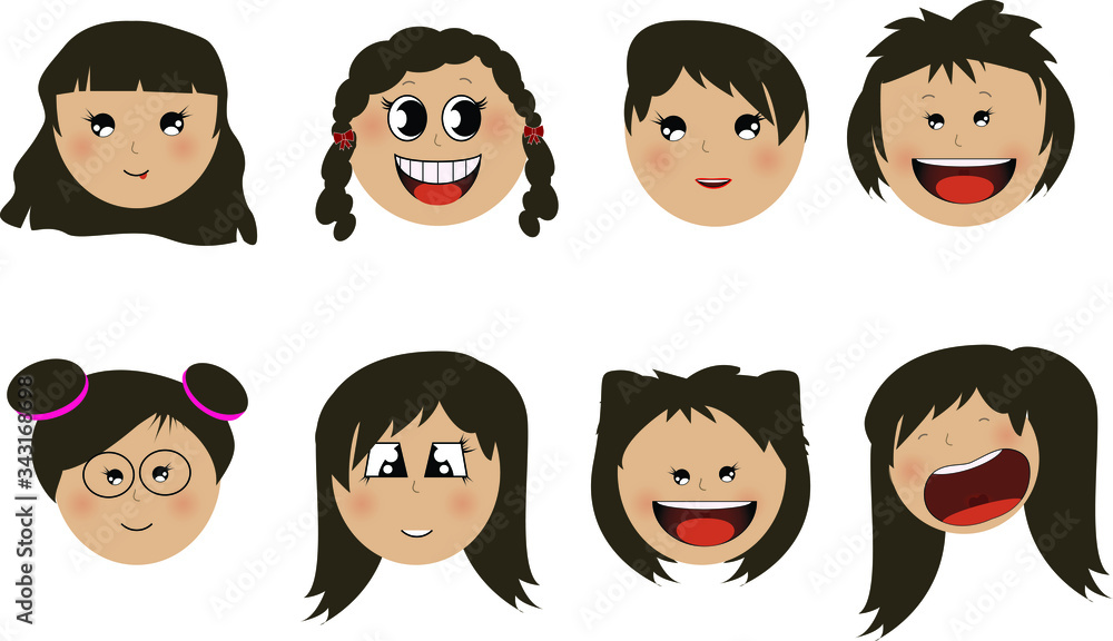 Vector illustration of happy and cheerful girls with dark hair cartoon faces on white background Vector illustration of happy and cheerful girls with dark hair cartoon faces on white background