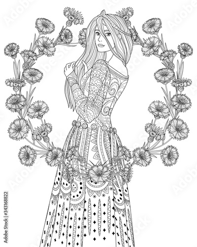 Coloring book for adults with beautiful medieval princess and a wreath of cornflowers