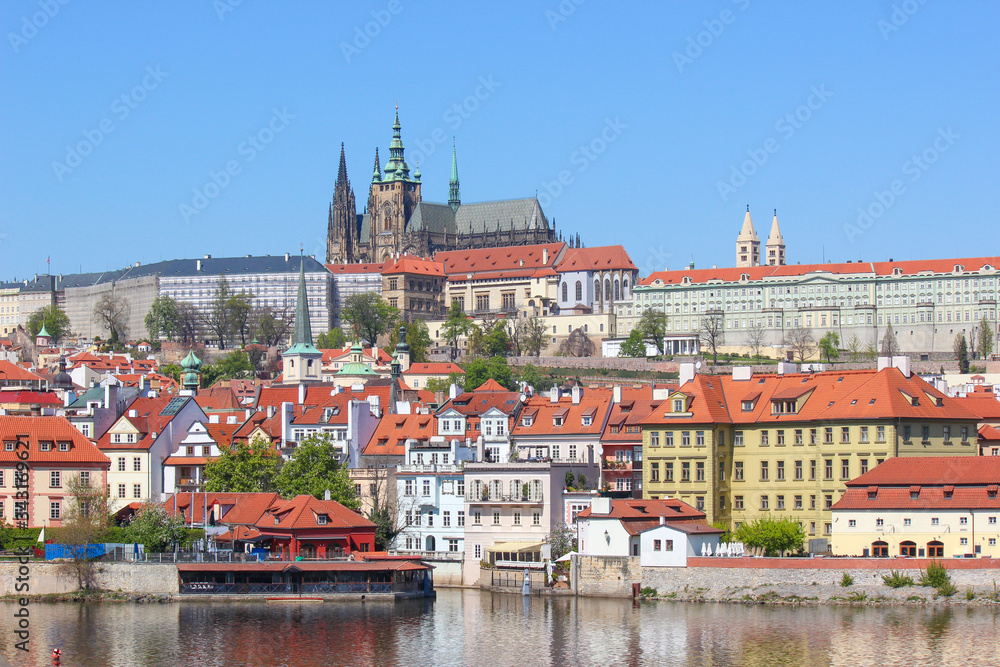 Amazing skyline of Prague, Czech Republic with dominant Prague Castle. The historical center of the Czech capital is located along river Vltava. Sunny day, clear sky. Beautiful Czechia