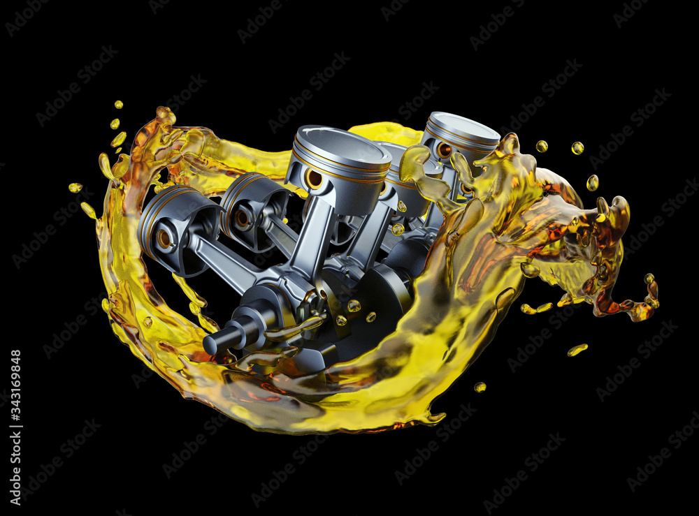 3D illustration of parts in car engine with lubricant oil on repairing ...