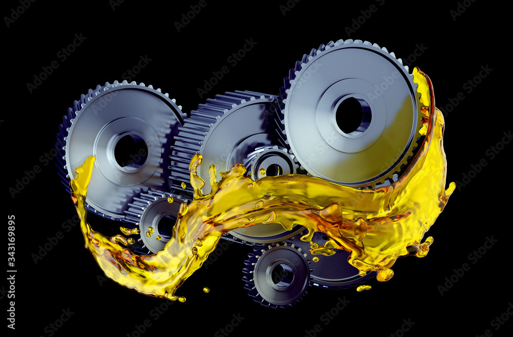 3D illustration of parts in car engine with lubricant oil on repairing ...