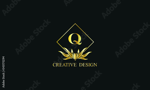 Elegant design of royal vector logo with letter Q on black background. Stylish golden floral monogram for business, restaurant, boutique, cafe, hotel, labels and more.