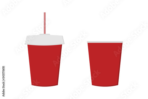 Red disposable plastic soda cups vector set, collection. Fast food fizzy drinks.
