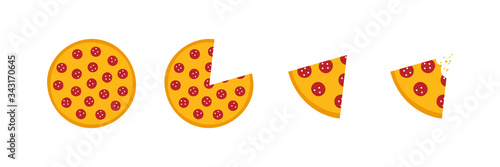 Vector set, collection of pepperoni pizza, whole round pizza and slices.
