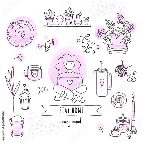 Stay home vector stock illustration, doodle style. Work from home