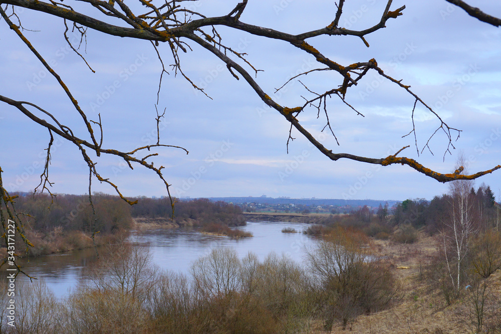 River in a field. Low coast line. Early March. Some bushes. Tree branches on first plan. Russia, Kaluga. Ugra river River in a field. Low coast line. Early March. Some bushes. Tree branches on first plan. Russia, Kaluga. Ugra river