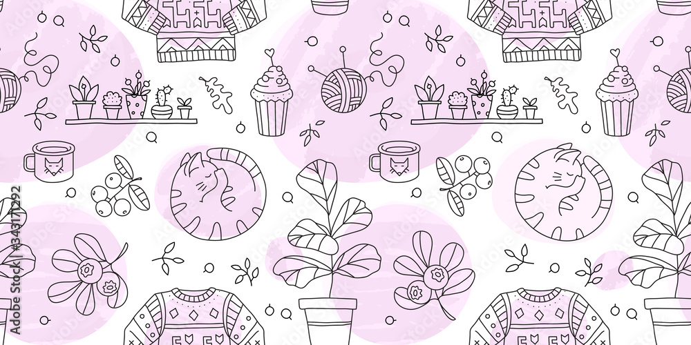 Vector seamless pattern with Hygge concept and cozy home things