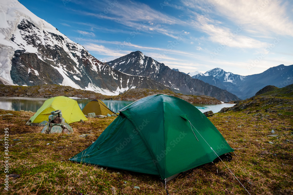 Tent near mountain lake