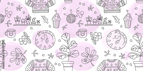 Vector seamless pattern with Hygge concept and cozy home things