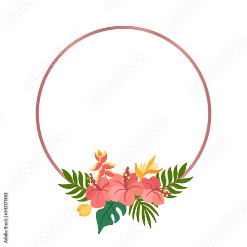 Tropical circle frame with palm leaves, hibiscus and strelitzia flowers. Beautiful floral print for wedding invitations, greeting cards, home decor. Modern vector illustration.
