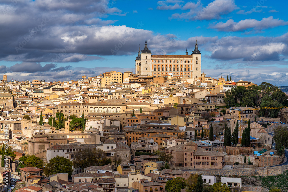 Toledo, Spain. Old city with its Royal Palace over the Tagus River sinuosity