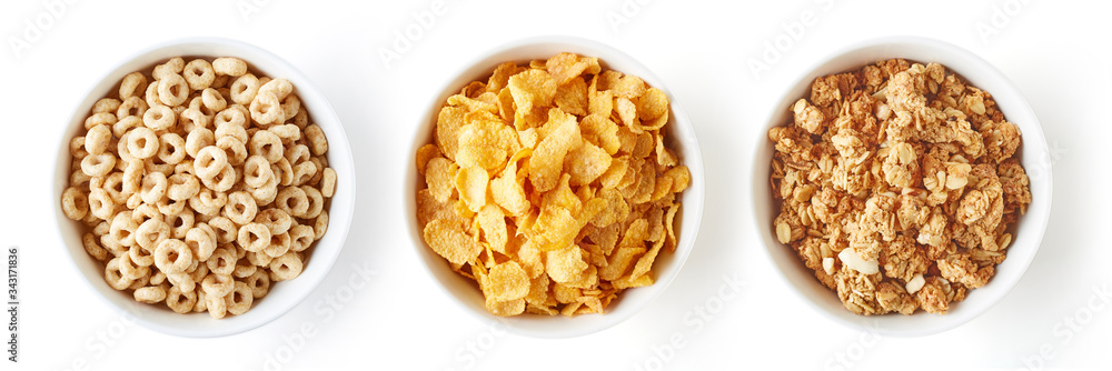 Three bowls of cereals isolated on white, from above Three bowls of cereals isolated on white, from above