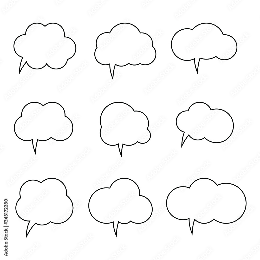 Speech or think bubble, empty communication cloud. Set of vector design elements. Editable stroke. Speech or think bubble, empty communication cloud. Set of vector design elements. Editable stroke.