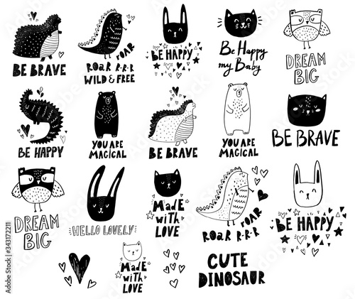 Black white baby vector collection of icons, symbols and logo with cute animals dinosaurs, cat, bear for baby design