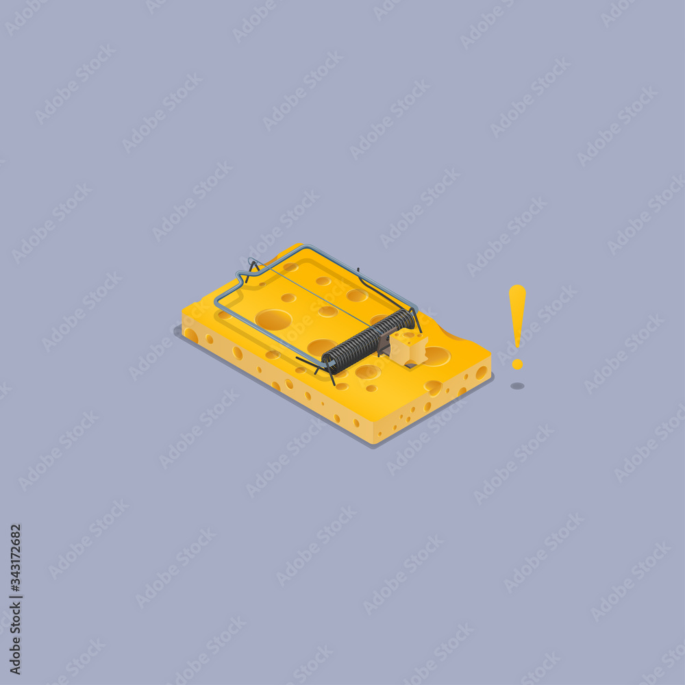 High detailed vector  mousetrap, Isometric view and made of cheeses.