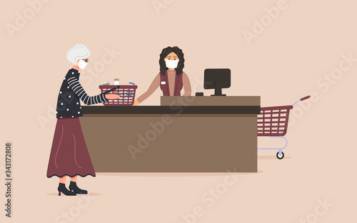 Grocery store during epidemic of virus.Cashier in protective medical mask is behind cash register serve elderly woman with basket with milk products.Teller workplace on pink background.Vector