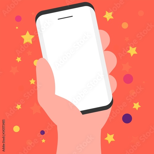 Hand hold smart mobil phone on orange star patterns background, vector illustration