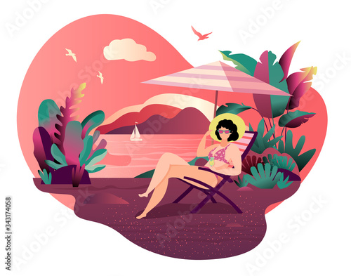 Hello, summer poster card or flyer. A pretty girl in a big hat is sitting on the beach sand in a chaise longue. Beautiful woman in a swimsuit on vacation vector illustration.