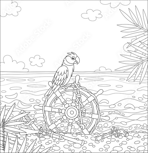 Pirate parrot perched on an old ship helm with a rope, a gun, a pistol and a saber of filibusters on a sandy beach of a desert island in a tropical sea on a sunny summer day, vector cartoon