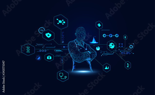 Abstract Doctor wireframe digital and hologram interface concept Medical data analysis In visual form Modern future,Medicine that uses artificial intelligence in processing And treatment of future.