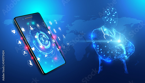 Abstract Doctor wireframe digital blue health medical science and smartphone with icons concept modern medical technology,Treatment,medicine checks health.
