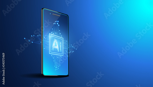 Abstract technology Ai computing and smartphone concept working data of Artificial intelligence and futuristic digital for future on dark blue background.