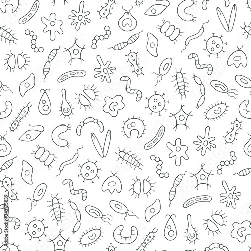 Abstract seamless pattern of germs  virus and bacteria on white background. Black and white vector illustration